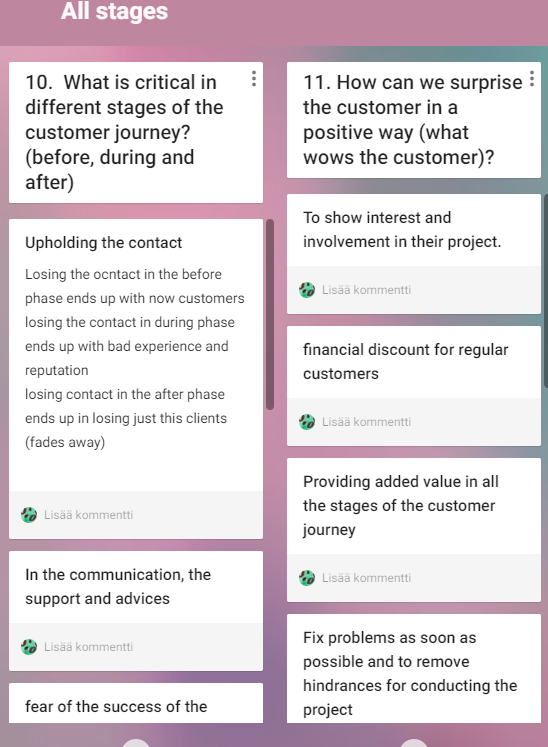 Picture from Padlet discussion about What is critical in different stages of the customer journey and how can w surprise the customer in a positive way? 