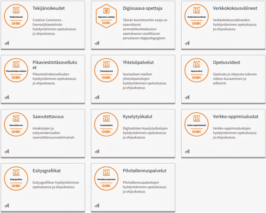 Kuvakaappaus, jossa näkyvät seuraavat osaamismerkit: tekijänoikeudet, digiosaava opettaja, verkkokokousvälineet, pikaviestintäsovellukset, yhteisöpalvelut, opetusvideot, saavutettavuus, kyselytyökalut, verkko-oppimisalustat, esitysgrafiikat ja pilvitallennuspalvelut.