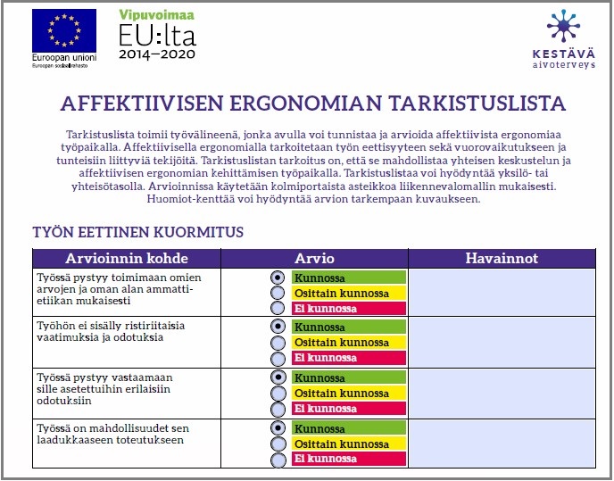 Kuvakaappaus affektiivisen ergonomian tarkistuslistasta.