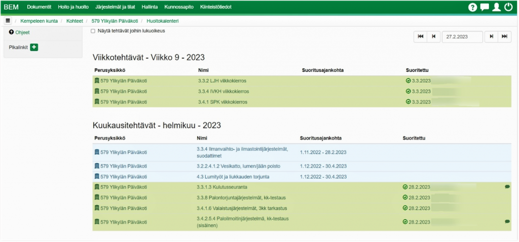 Kuvakaappaus huoltokalenterista.