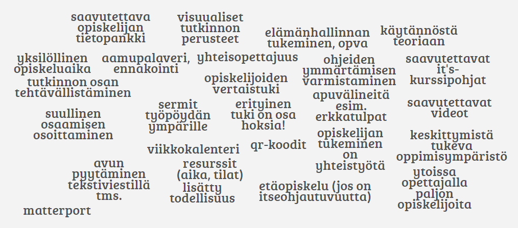 Sanapilvi, jossa muun muassa sanat opiskelijoiden vertaistuki, viikkokalenteri, yhteisopettajuus, lisätty todellisuus ja suullinen osaamisen osoittaminen.