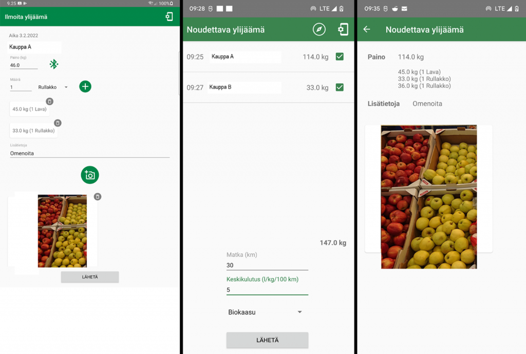 Kolme kuvakaappausta sovelluksesta, joissa näkyy joudettavan ylijäämään määrä kaupassa A ja B.