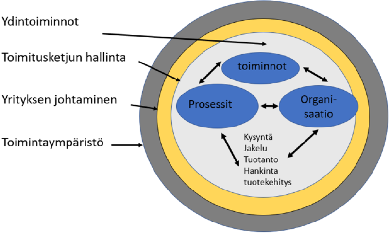 Kuvio, jossa keskellä tekstit prosessit, toiminnot ja organisaatio. Ja ympärillä tekstit ydintoiminnot, toimitusketjun hallinta, yrityksen johtaminen ja toimintaympäristö.