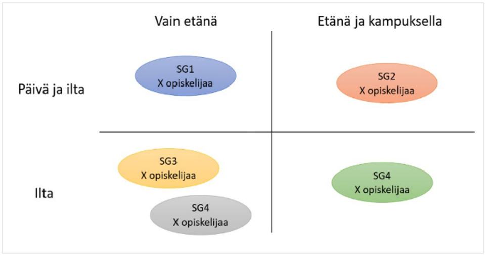 Kuvio, jossa opiskelijat on jaettu ryhmiin sen mukaan, opiskelevatko he vain etänä vai sekä etänä että kampusella ja opiskelevatko he vain illalla vai sekä illalla että päivällä.