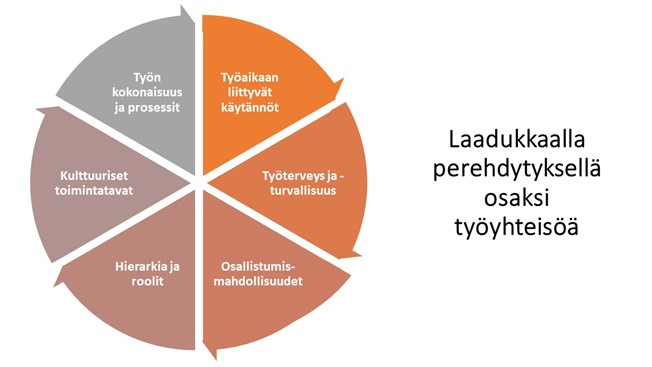 Piirakkakuvio, jossa eri lohkoissa tekstit: työaikaan liittyvät käytännöt, työterveys- ja turvallisuus, osallistumismahdollisuudet, hierarkia ja roolit, kulttuuriset toimintatavat ja työn kokonaisuus ja prosessit.