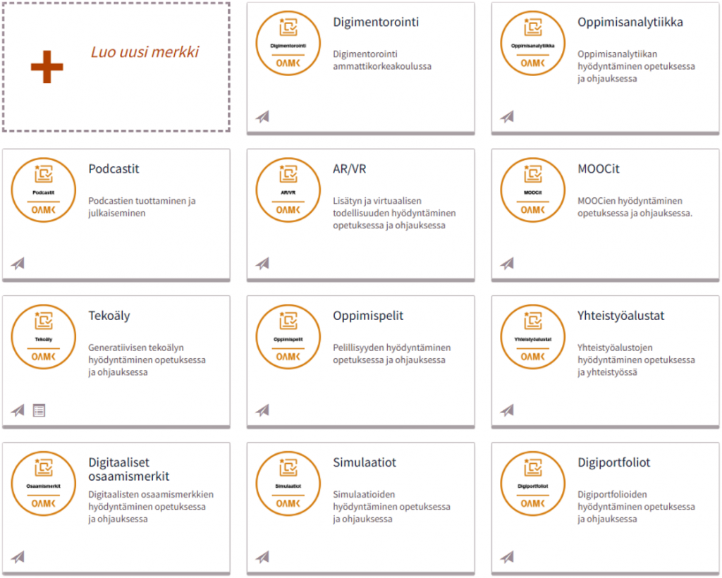 Kuvakaappaus jatkotason osaamismerkeistä, joita ovat digimentorointi, oppimisanalytiikka, podcastit, AR/VR, Moocit, tekoäly, oppimispelit, yhteistyöalustat, digitaaliset osaamismerkit, simulaatiot ja digiportfoliot.