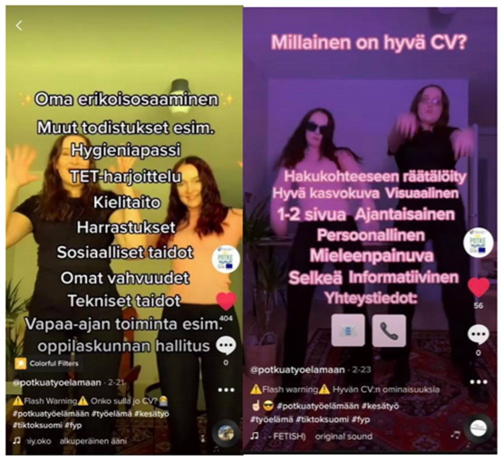 Kuvakaappaukset ansioluettelon tekemistä käsittelevistä videoista.