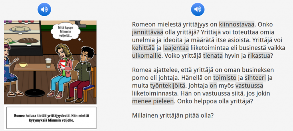 Kuvakaappaus yrittäjyyteen liittyvästä tehtävästä, jossa pyydetään annetun tekstin perusteella kertomaan, millainen yrittäjän pitää olla.