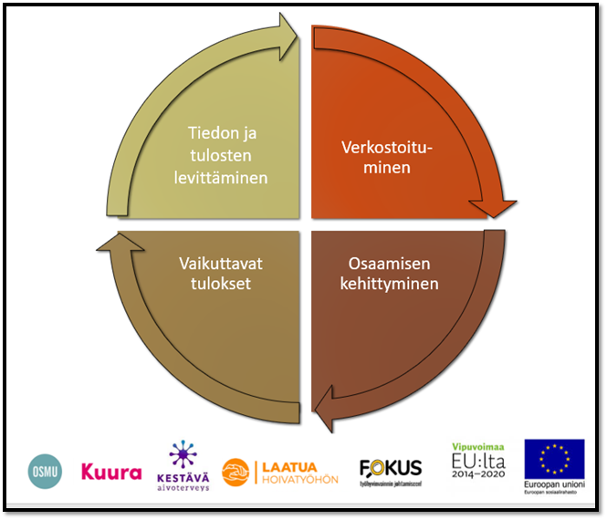 Kuviossa neljä sektoria, jossa tekstit: verkostoituminen, osaamisen kehittyminen, vaikuttavat tulokset ja tiedon ja tulosten levittäminen.