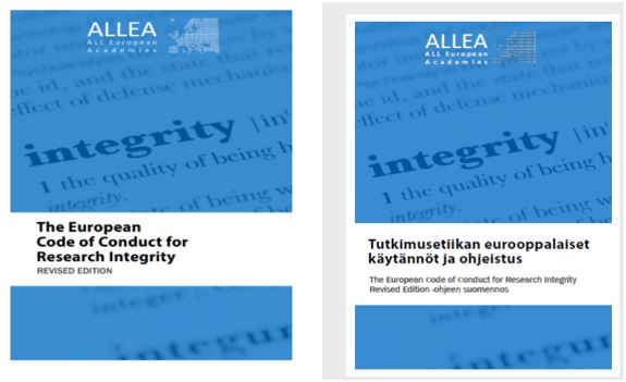 Kuvakaappaukset kahden julkaisun kannesta. Vasemmalla The European Code of Conduct for Research Integrity ja oikealla Tutkimusetiikan eurooppalaiset käytännöt ja ohjeistus.