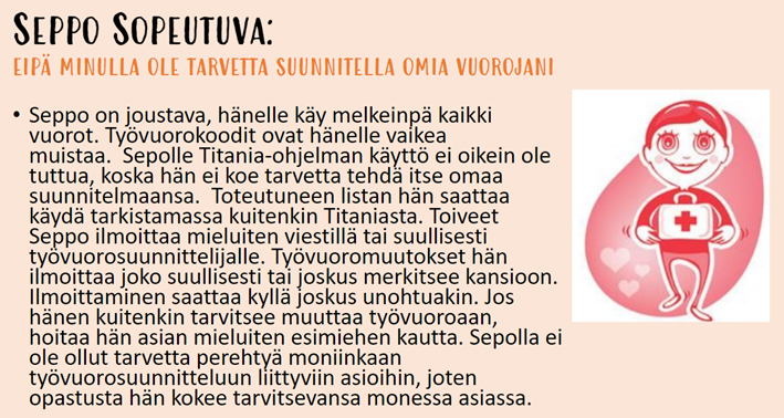 Kuvio, jossa teksti Seppo Sopeutuva, eipä minulla ole tarvetta suunnitella omia vuorojani. Seppo on joustava, hänelle käy milteinpä kaikki vuorot. Työvuorokoodit ovat hänelle vaikea muistaa. Sepolle Titania-ohjelman käyttö ei ole oikein tuttua, koska hän ei koe tarvetta tehdä itse omaa suunnitelmaansa. Toteutuneen listan hän saattaa kuitenkin käydä tarkistamassa Titaniasta. Toiveet Seppo ilmoittaa mieluiten viestillä tai suullisesti työvuorosuunnittelijalle. Työvuoromuutokset hän ilmoittaa joko suullisesti tai joskus merkitsee kansioon. Ilmoittaminen saattaa kyllä joskus unohtuakin. Jos hänen kuitenkin tarvitsee muuttaa työvuoroaan, hoitaa hän asian mieluiten esimiehen kautta. Sepolla ei ole ollut tarvetta perehtyä moniinkaan työvuorosuunnitteluun liittyviin asioihin, joten opastusta hän kokee tarvitsevansa monessa asiassa.