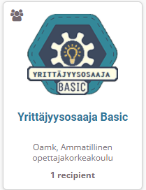 Kuviossa teksti: yrittäjyysosaaja basic. Oamk, Ammattillinen opettajakorkeakoulu, 1 recipient.