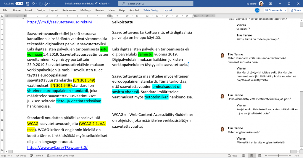 Kuvakaappaus wordin dokumentista, tekstinkäsittelyohjelma on merkinnyt tekstiin ne kohdat, jotka kaipaavat selkokielistämistä.