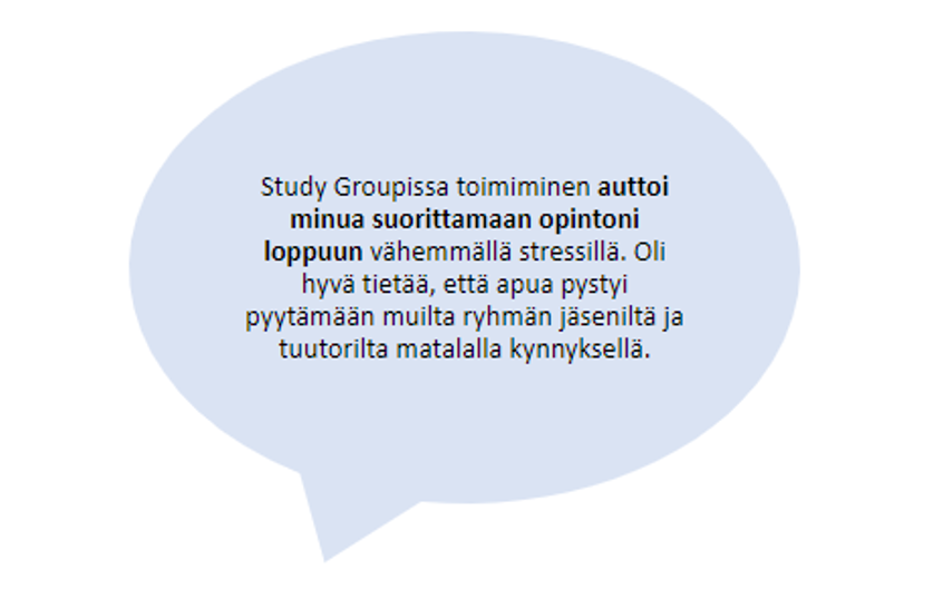 Puhekupla, jossa teksti: Study Groupissa toimiminen auttoi minua suorittamaan opintoni loppuun vähemmällä stressillä. Oli hyvä tietää, että apua pystyi pyytämään muilta ryhmän jäseniltä ja tuutorilta matalalla kynnyksellä.