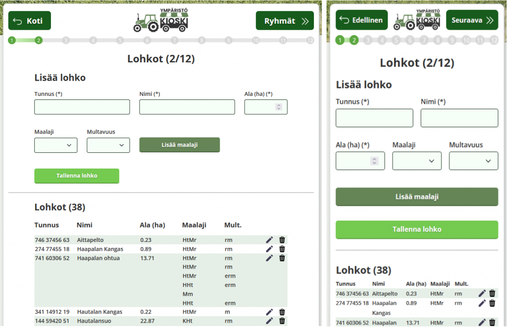 Vasemmalla kuviossa lohkot-näkymän pöytäkonenäkymä ja oikealla mobiilinäkymä.