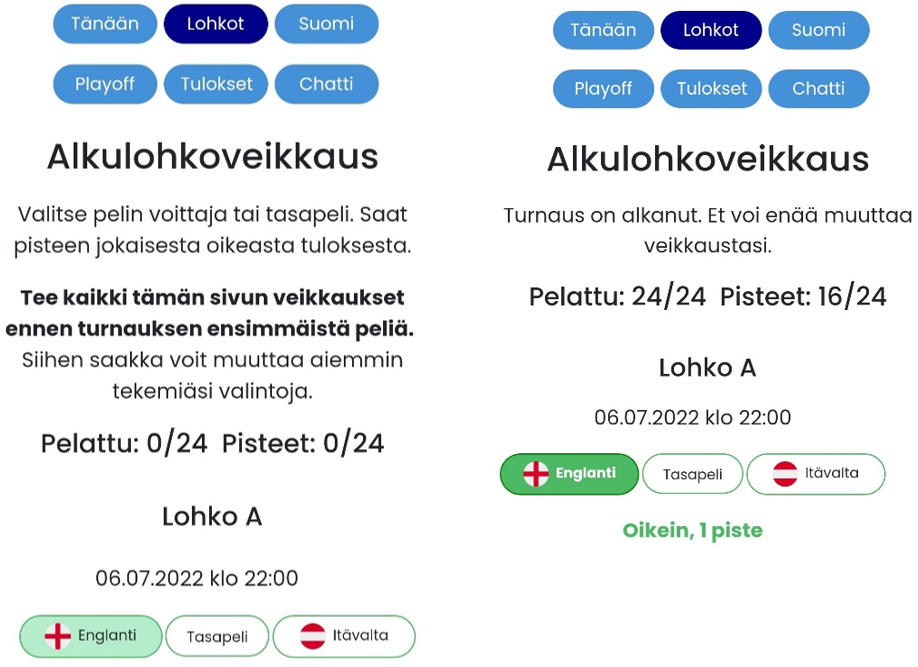 Kuviossa teksti: Alkulohkoveikkaus, lohko A. Valitse pelin voittaja tai tasapeli. Saat pisteen jokaisesta oikeasta tuloksesta. Veikkaaja on saanut alkulohkoveikkauksesta 16/24 pistettä.