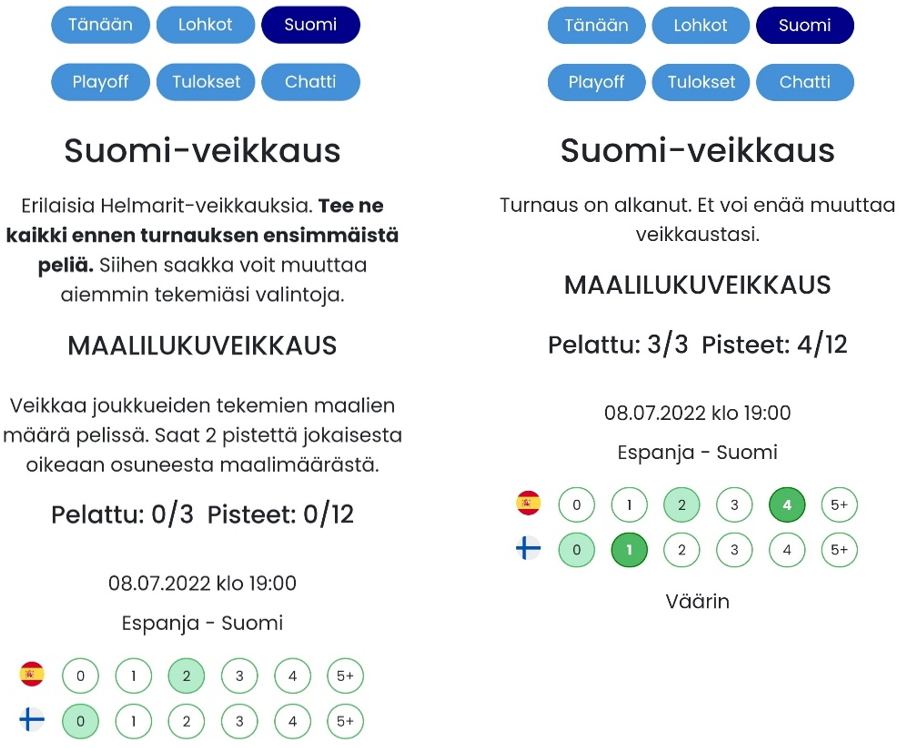 Kuviossa on erilaisia Helmarit-veikkauksia, jotka on pitänyt teidä ennen ensimmäistä peliä. Esimerkissä on Espanja-Suomi-pelin maalilukuveikkaus.