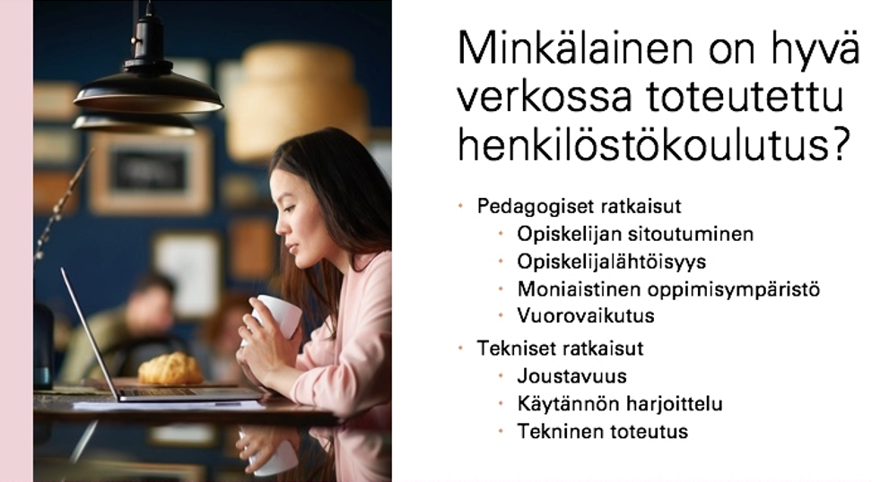 Kuvakaappaus perehdytysvideosta. Kuvassa on teksti: Minkälainen on hyvä verkossa toteutettu henkilöstökoulutus? 