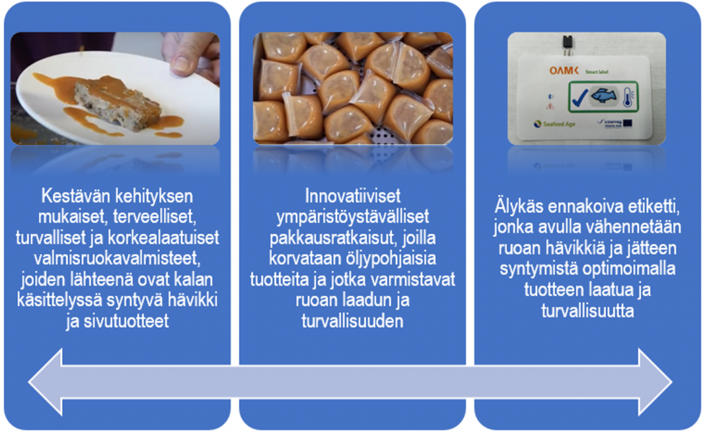 Projektin tulokset kuvana: kestävän kehityksen mukaiset terveelliset, turvalliset ja korkealaatuiset valmisruokavalmisteet, joiden lähteenä ovat kalan käsittelyssä syntyvä hävikki ja sivutuotteet. Innovatiiviset ympäristöystävälliset pakkausratkaisut, joilla korvataan öljypohjaisia tuotteita ja jotka varmistavat ruoan laadun ja turvallisuuden. Älykäs ennakoiva etiketti, jonka avulla vähennetään ruoan hävikkiä ja jätteen syntymistä optimoimalla tuotteen laatua ja turvallisuutta.