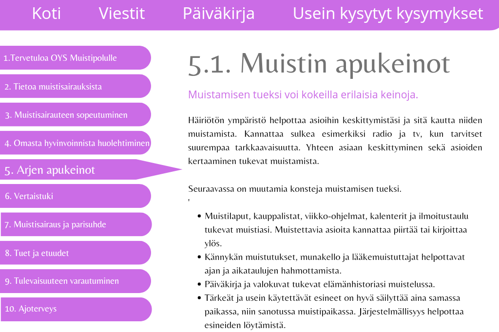 Kuvassa on esimerkki digihoitopolun sisällöstä aiheesta muistin apukeinot. 