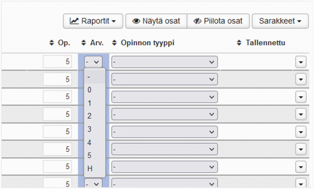 Kuvakaappaus Pepin arvosanakirjausnäkymästä. Kuvassa näkyvät valikot opintopistemäärälle, arvosanalle ja opintojen tyypille.