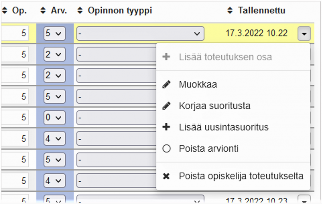 Kuvakaappaus Pepistä, jossa valikoiden opintopisteet, arvosana ja opinnon tyyppi lisäksi on avattu muokkaa-valikko.