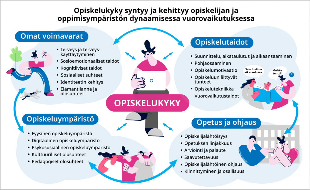 Piirretty kuvio, jossa on esitetty opiskelukykyyn liittyvät neljä asiaa, jotka ovat omat voimavarat, opiskelutaidot, opetus ja ohjaus sekä opiskeluympäristö.