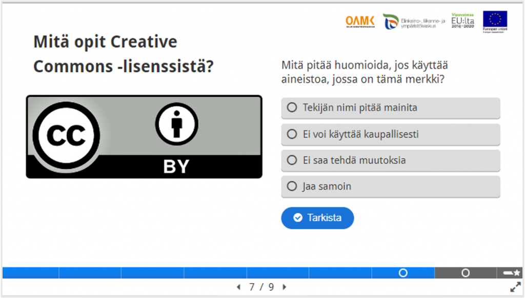 Kuvakaappaus, jossa kysymys: Mitä opit Creative Commons -lisenssistä?