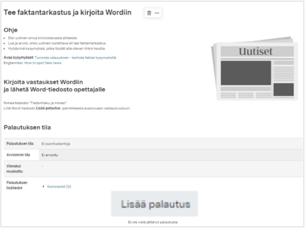Kuvakaappaus, jossa tehtävänantona on: tee faktantarkastus ja kirjoita Wordiin.