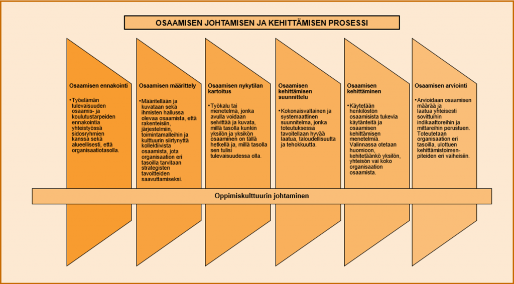 Kuvio, jossa osaamisen johtaminen lähtee osaamisen ennakoinnista ja etenee osaamisen määrittely, nykytilan kartoituksen, kehittämisen suunnittelun ja kehittämisen kautta osaamisen arviointiin. 
