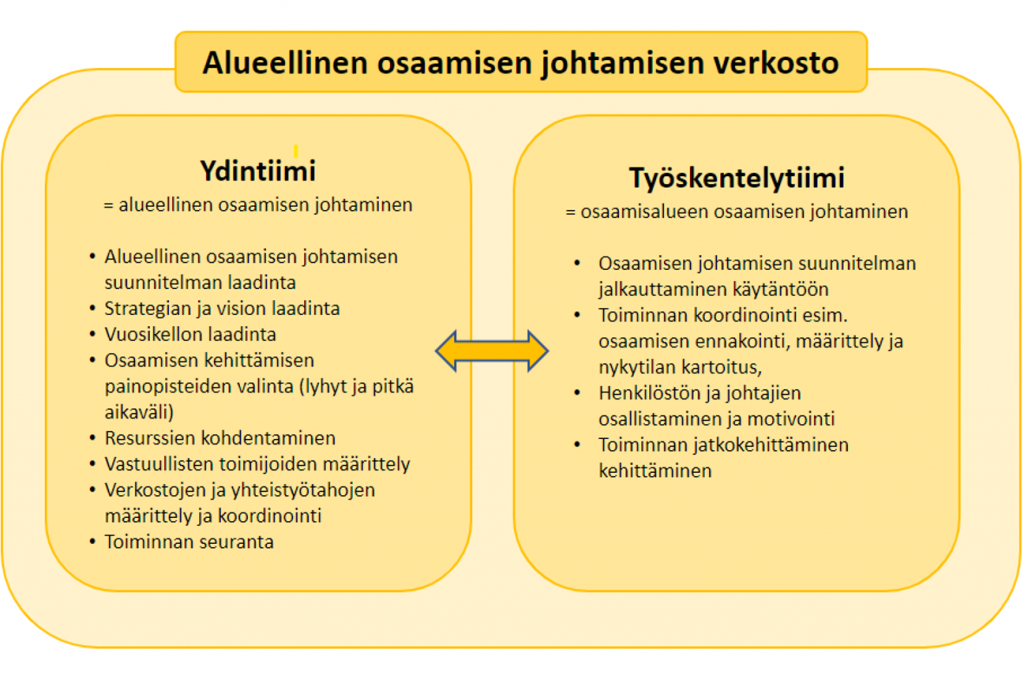 Kuvio, jossa alueellisen osaamisen johtamisen verkosto. Se koostuu ydintiimistä ja työskentelytiimistä. Ydintiimin tehtäviin kuuluu alueellinen osaamisen johtaminen ja työskentelytiimin tehtäviin osaamisalueen osaamisen johtaminen.