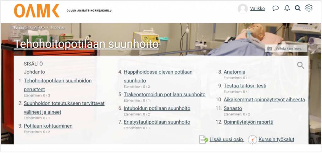 Kuvakaappaus Moodlesta. Siinä näkyy tehohoitopotilaan suunhoito oppimateriaalin sisällysluettelo.