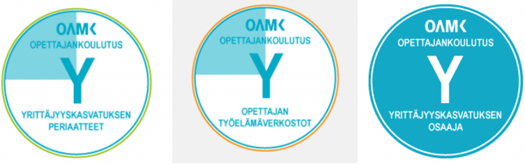 Kolme osaamismerkkiä: yrittäjyyskasvatuksen periaatteet, opettajan työelämäverkostot ja yrittäjyyskasvatuksen osaaja.