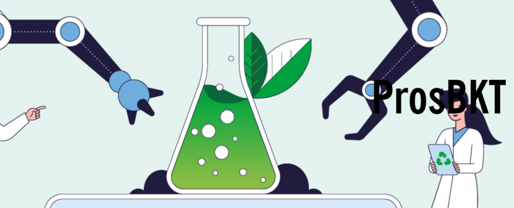 Piirretty kuvituskuva, jossa sana ProsBKT ja piirretty kemian laboratiorio.