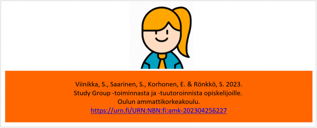 Kuvituskuva, jota klikkaamalla pääsee lukemaan seuraavan teoksen: Viinikka, S., Saarinen, S., Korhonen, E. & Rönkkö, S. 2023. Study Group -toiminnasta ja -tuutoroinnista opiskelijoille.