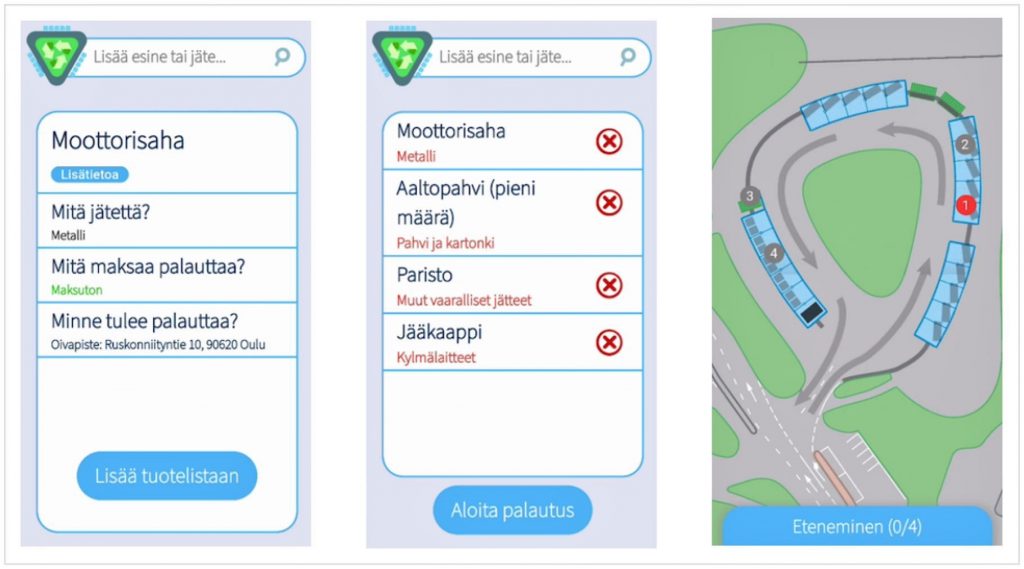 Kuvakaappaus sovelluksesta. Siinä näkyy alueen kartta sekä valikko, johon asiakas määrittelee, mitä jätettä on palauttamassa.