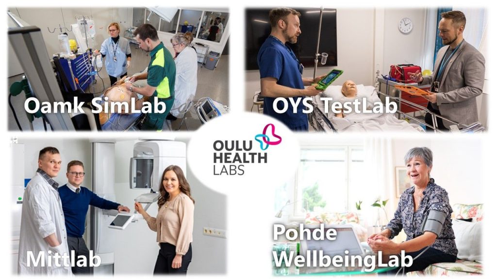 Kuvassa neljä valokuvaa ja tekstit Oamk SimLab, OYS TestLab, Mittlab ja Pohde Wellbeing Lab.