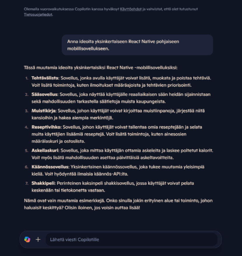 Kuvakappaus, jossa kysymys: Anna ideoita yksinkertaiseen React Native pohjaiseen mobiilisovellukseen ja tekoälyn antama vastaus kysymykseen.