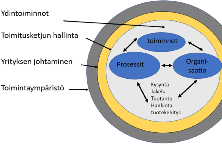 Kuvio, jossa keskellä tekstit prosessit, toiminnot ja organisaatio. Ja ympärillä tekstit ydintoiminnot, toimitusketjun hallinta, yrityksen johtaminen ja toimintaympäristö.