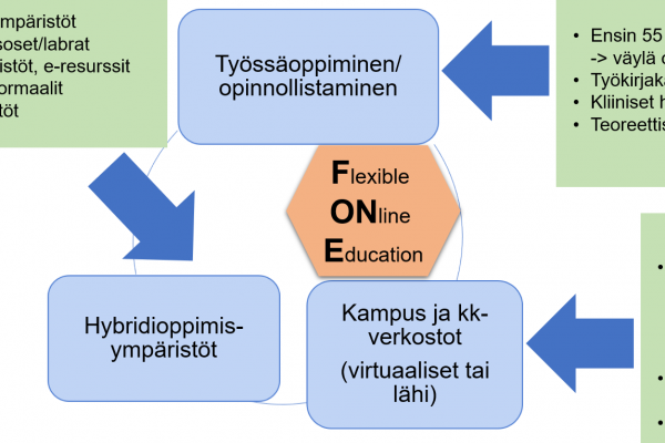 Kuvion keskellä Flexible Online Education. Sen ympärillä laatikot joissa tekstit: Hybridioppimisympäristöt, digitaaliset kaksoset tai labrat, eoppimisympäristöt, e-resurssit, formaalit ja ei-formaalit oppimisympäristöt, kampus ja kk-verkostot,, OPS, opetus ja opettajat, opintojaksot, opinto-ohjelma, opintovaatimukset, tentit, tehtävät, simulaatio.opetus, arviointi, ohjaus työssäoopimisen jaksoilla, kolmikantakeskustelumalli, ensin 55 opintopisteen opiskelu tai opinnollistaminen, väylä opiskelupaikkaan Oamk, työkirjakäytäntö, kliiniset harjoittelujaksot, teoreettisia opintoja.