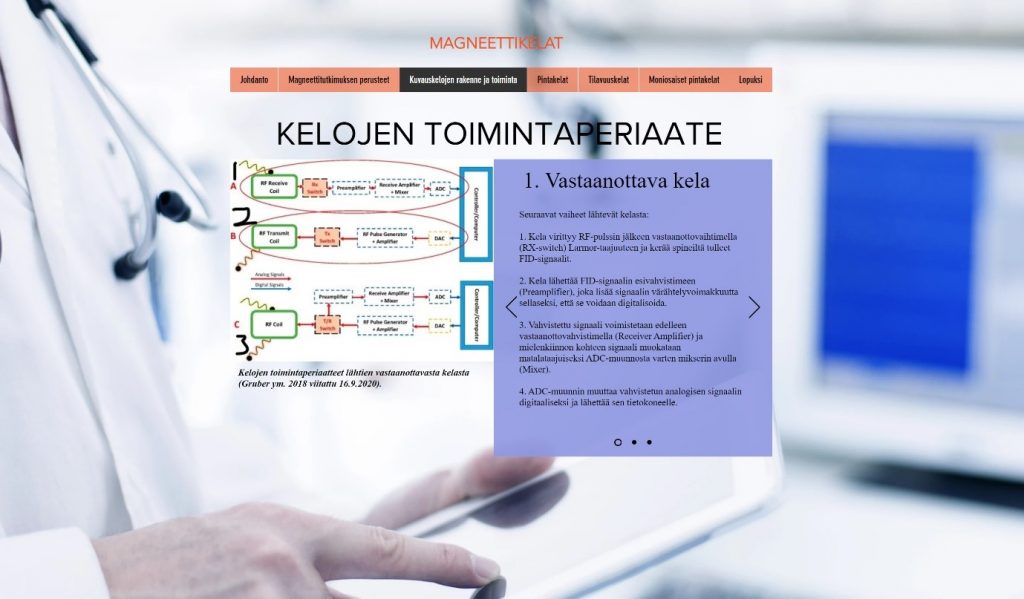 Kuvakaappaus magneettitutkimuslaitteen keloihin liittyvästä verkko-opiskelumateriaalista.