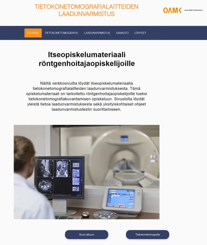 Kuvakaappaus tietokonetomografiatutkimusten laadunvarmistukseen liittyvästä verkko-opiskelumateriaalista.