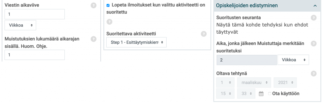 Kuvakaappaus muistuttaja-työkalun asetuksista.