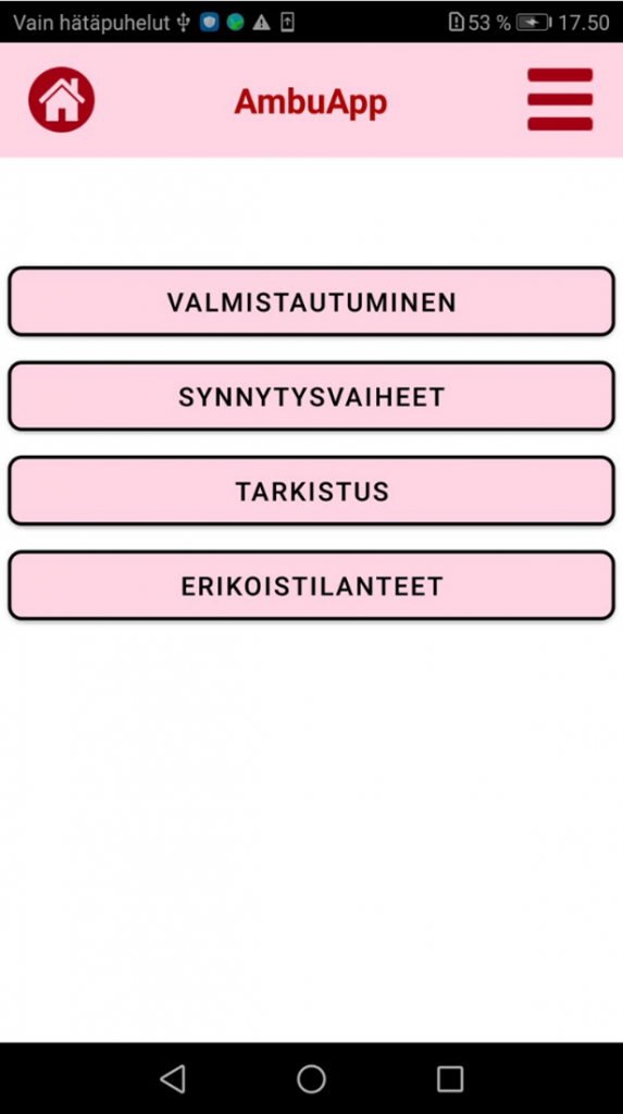 Kuvakaappaus AmbuApp-sovelluksen päänäkymästä.