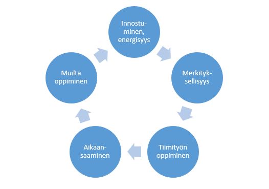 Kuvio, jossa on esitetty opiskelijoiden esittämiä mahdollisuuksia onnistuneelle harjoittelulle: innostuminen, energisyys, merkityksellisyys, tiimityön oppiminen, aikaansaaminen ja muilta oppiminen.