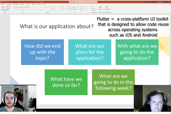 Kuvakaappaus, jossa alareunassa kaksi ihmistä videoneuvottelussa ja taustalla dokumentti, jossa lukee: What is our application about? How did we end up with the topic? What are our plans for the application? With what are we going to do the application? What have we done so far? What are we going to do in the following week?