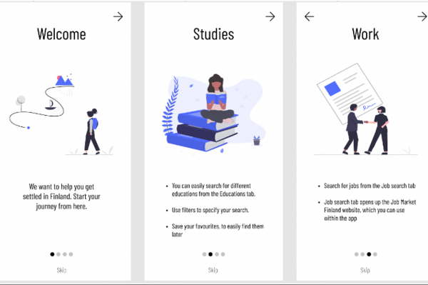 Kuvassa on tekstit: Welcome, we want to help you get settled in Finland. Start your journey from here. You can easily search for different educations from the Education tab. Use filters to specify your search. Save your favorites to easily find them later. Search for jobs from the job search tab. Job search tab opens up the Job Market Finland website, which you can use within the app. Fill your pforile on profile tab. Data will only be saved on your own phone. After filling your profile you can generate a CV and download it as a PDF.