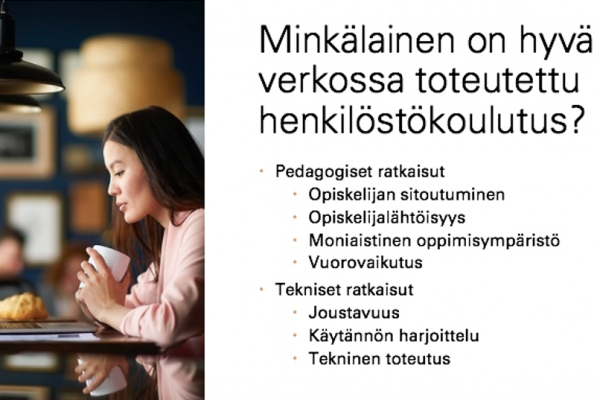 Kuvakaappaus perehdytysvideosta. Kuvassa on teksti: Minkälainen on hyvä verkossa toteutettu henkilöstökoulutus?