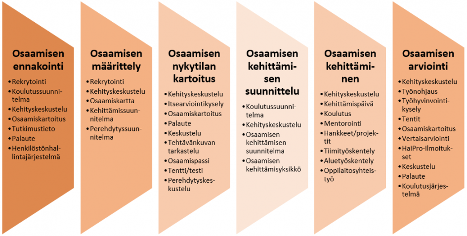 Kuviossa kuusi osaa, joissa osaamiseen liittyviä asioita. Ensimmäisessä laatikossa osaamisen ennakointiin liittyviä asioita: rekrytointi, koulutussuunnitelma, kehityskeskustelu, osaamiskartoitus, tutkimustieto, palaute ja henkilöstönhallintajärjestelmä. Toisessa laatikossa osaamiseen määrittelyyn liittyviä asioita: rekrytointi, kehityskeskustelu, osaamiskartta, kehittämissuunnitelma ja perehdytyssuunnitelma. Kolmannessa laatikossa osaamisen nykytilan kartoitukseen liittyviä asioita: kehityskeskustelu, itsearviointikysely, osaamiskartoitus, palaute, keskustelu, tehtävänkuvan tarkastelu, osaamispassi, tentti tai testi ja perehdytyskeskustelu. Neljännessä laatikossa osaamisen kehittämisen suunnitteluun liittyviä asioita: koulutussuunnitelma, kehityskeskustelu, osaamisen kehittämisen suunnitelma ja osaamisen kehittämisyksikkö. Viidennessä laatikossa osaamisen kehittämiseen liittyviä asioita: kehityskeskustelu, kehittämispäivä, koulutus, mentorointi, hankkeet ja projektit, tiimityöskentely, aluetyöskentely ja oppilaitosyhteistyö. Kuudennessa laatikossa osaamisen arviointiin liittyviä asioita: kehityskeskustelu, työnohjaus, työhyvinvointikysely, tentit, osaamiskartoitus, vertaisarviointi, HaiPro-ilmoitukset, keskustelu, palaute ja koulutusjärjestelmä.