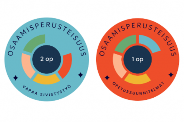 Kuvassa kaksi osaamismerkkiä: vapaa sivistystyö 2 opintopistettä ja opetussuunnitelmat 1 opintopiste.